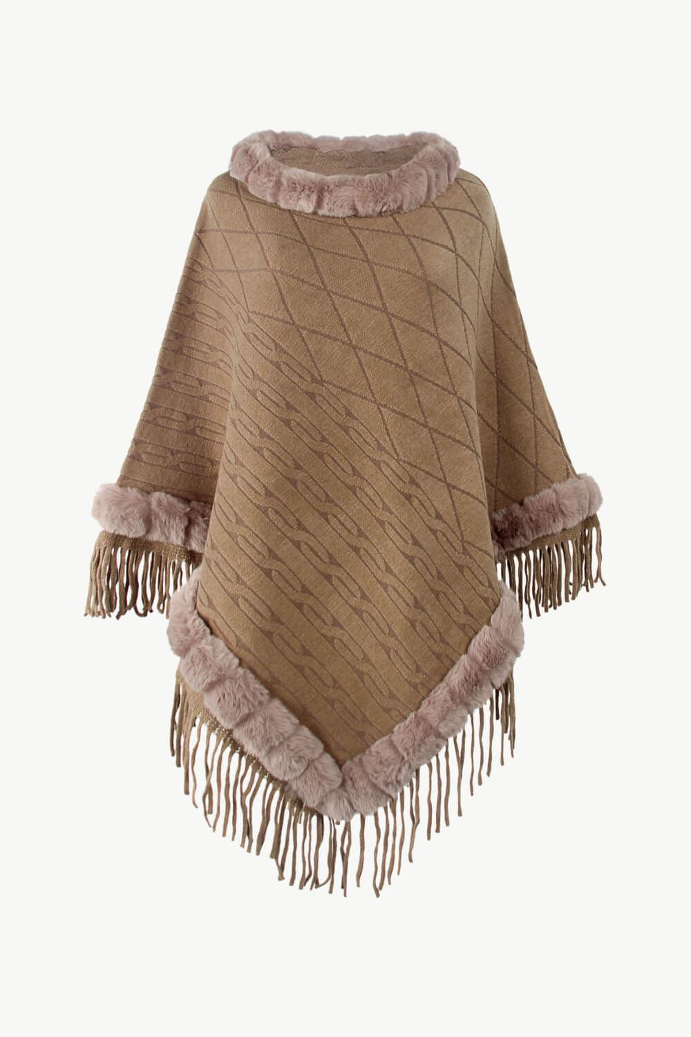 Faux Fur Trim Fringe Detail Poncho