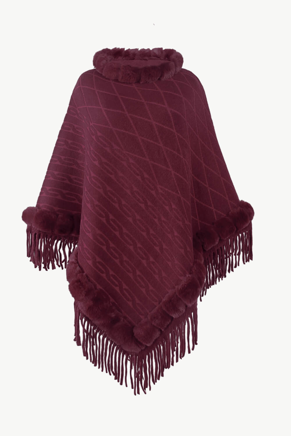 Faux Fur Trim Fringe Detail Poncho
